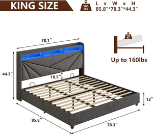 King Size Bed Frame with Storage, Lift Up Upholstered King Bed Frame with Charging Station and LED Lights Headboard, No Box Spring Needed, Easy Assembly - Dark Grey