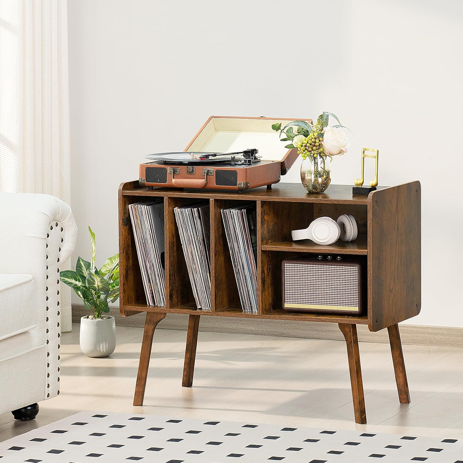 Lerliuo Record Player Stand with 4 Cabinet Holds Up to 220 Albums, Large Turntable Stand with Beech Wood Legs, Mid-Century Record Player Table,Brown Vinyl Holder Storage Shelf for Bedroom Living Room