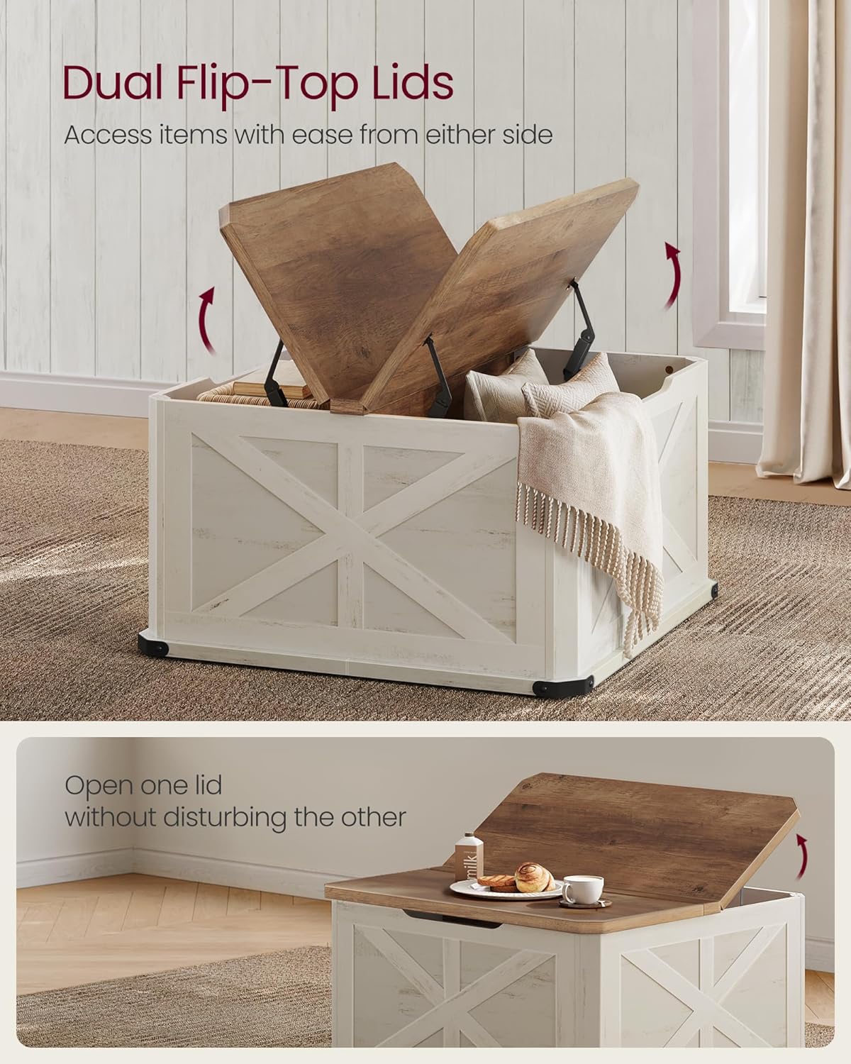 VASAGLE Farmhouse Coffee Table with Storage, Square Coffee Table for Living Room, Center Table with Flip-Top Lids, Honey Brown and Rustic White ULCT232W73