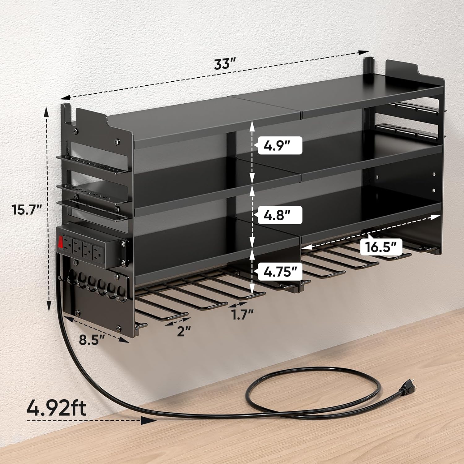Large Power Tool Organizer Wall Mount with Charging Station,4 Layer Heavy Duty Metal Tool Storage Rack Loads 600lbs with 8 Cordless Drill Holder,Battery Utility Rack Loads with 4 Power Strip