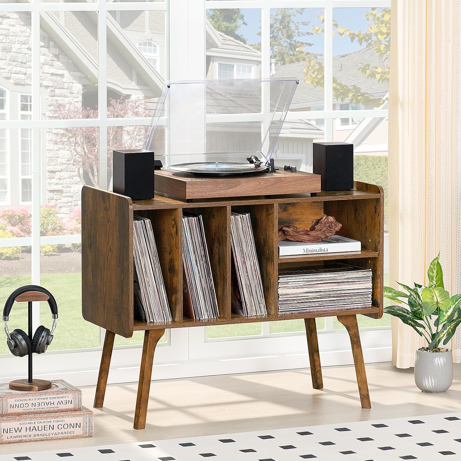 Lerliuo Record Player Stand with 4 Cabinet Holds Up to 220 Albums, Large Turntable Stand with Beech Wood Legs, Mid-Century Record Player Table,Brown Vinyl Holder Storage Shelf for Bedroom Living Room