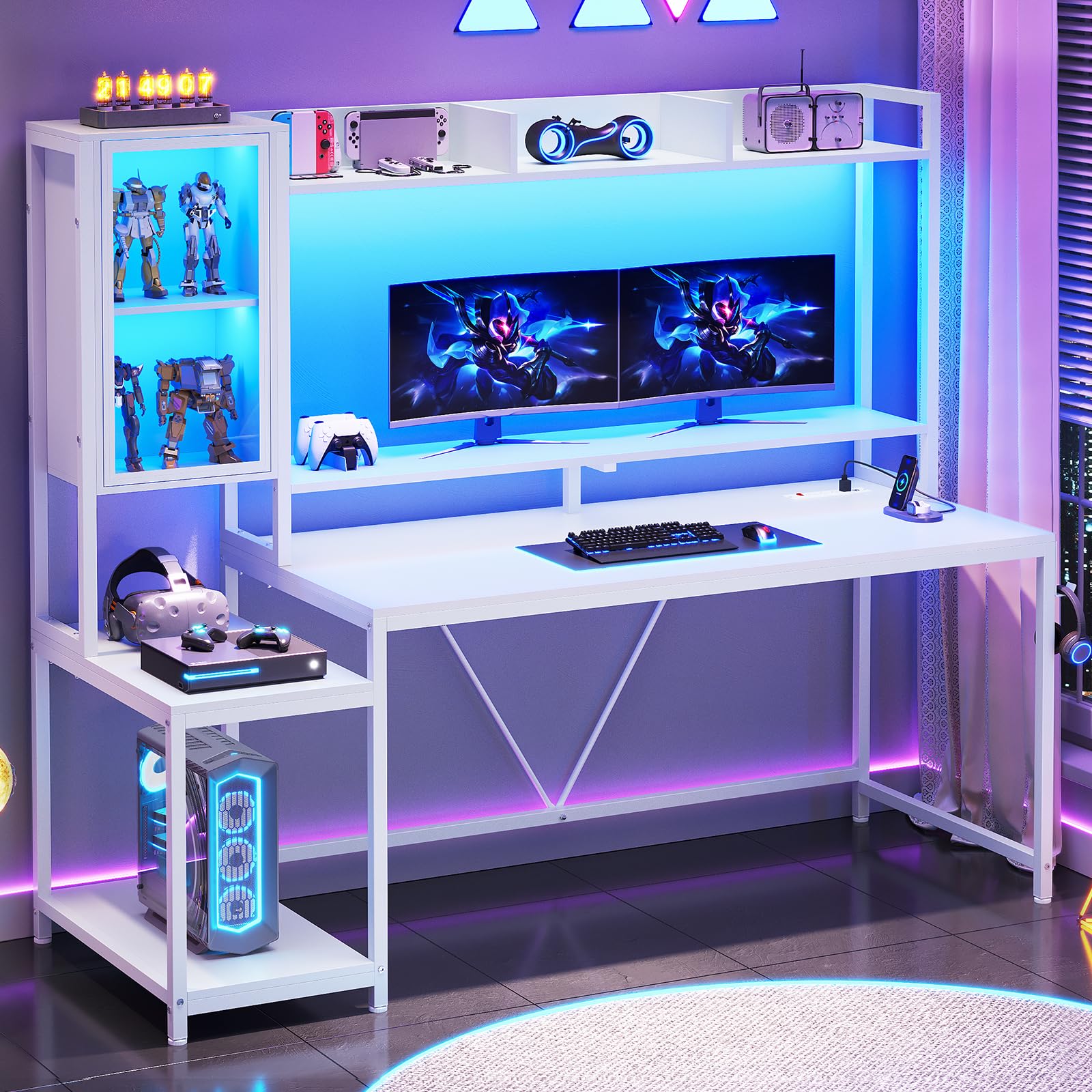 SEDETA Gaming Desk, 60'' Gaming Desk with Hutch and LED Lights, Computer Desk with Storage Shelves, Large PC Gamer Desk with Display Cabinet, Monitor Stand, Power Outlet for Home Office, Rustic Brown