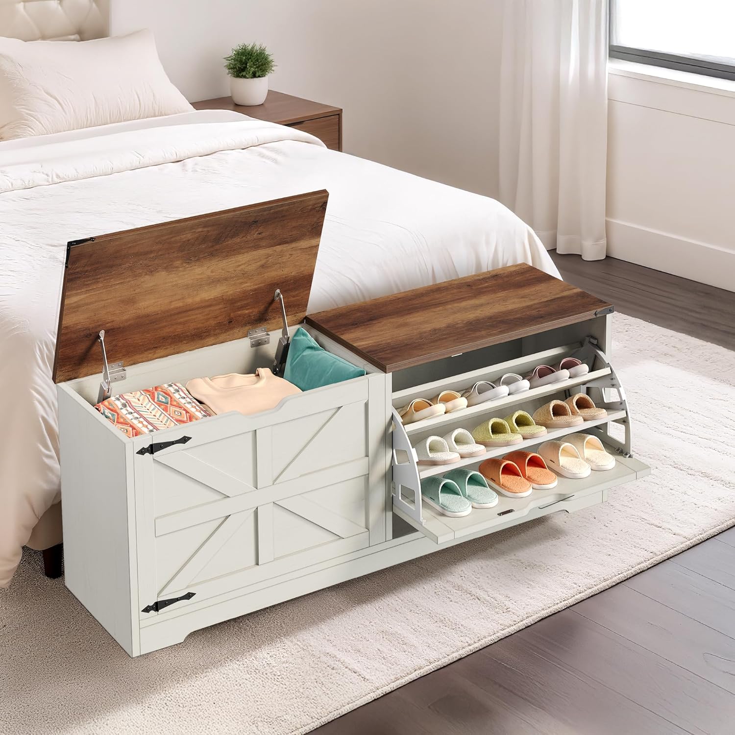 DWVO Shoe Storage Bench, 55" L Shoe Cabinet with 3 Flip Drawer & Flip-Top Storage, Farmhouse Modular Tilt-Out Organizer for Entryway, Mudroom, Bedroom