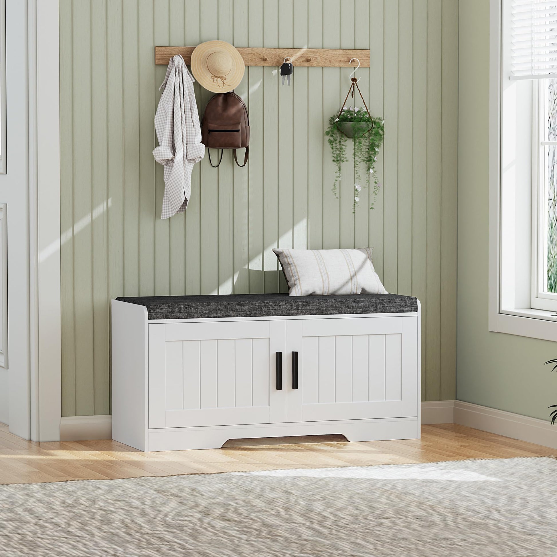 2-Tier Storage Bench, Shoe Bench with Thickened Padded Seat Cushion, Entryway Bench with 4 Doors, Adjustable Shelf, 13.8" D x 45.3" W x 18.5" H, for Entryway, Living Room, Bedroom, White