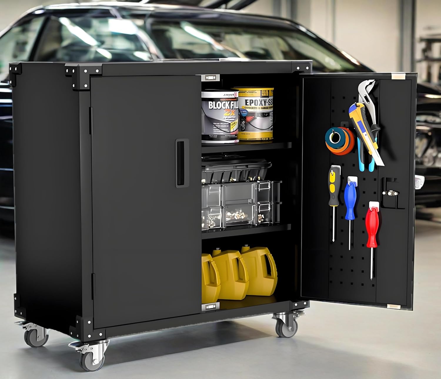 Metal Storage Cabinet, Rolling Tool Cabinet with 2 Adjustable Shelves and Locks & 4 Wheels, Heavy Duty & Rust Resistant Tool Cart, Storage Cabinet for Garage,Warehouse,Office,Black