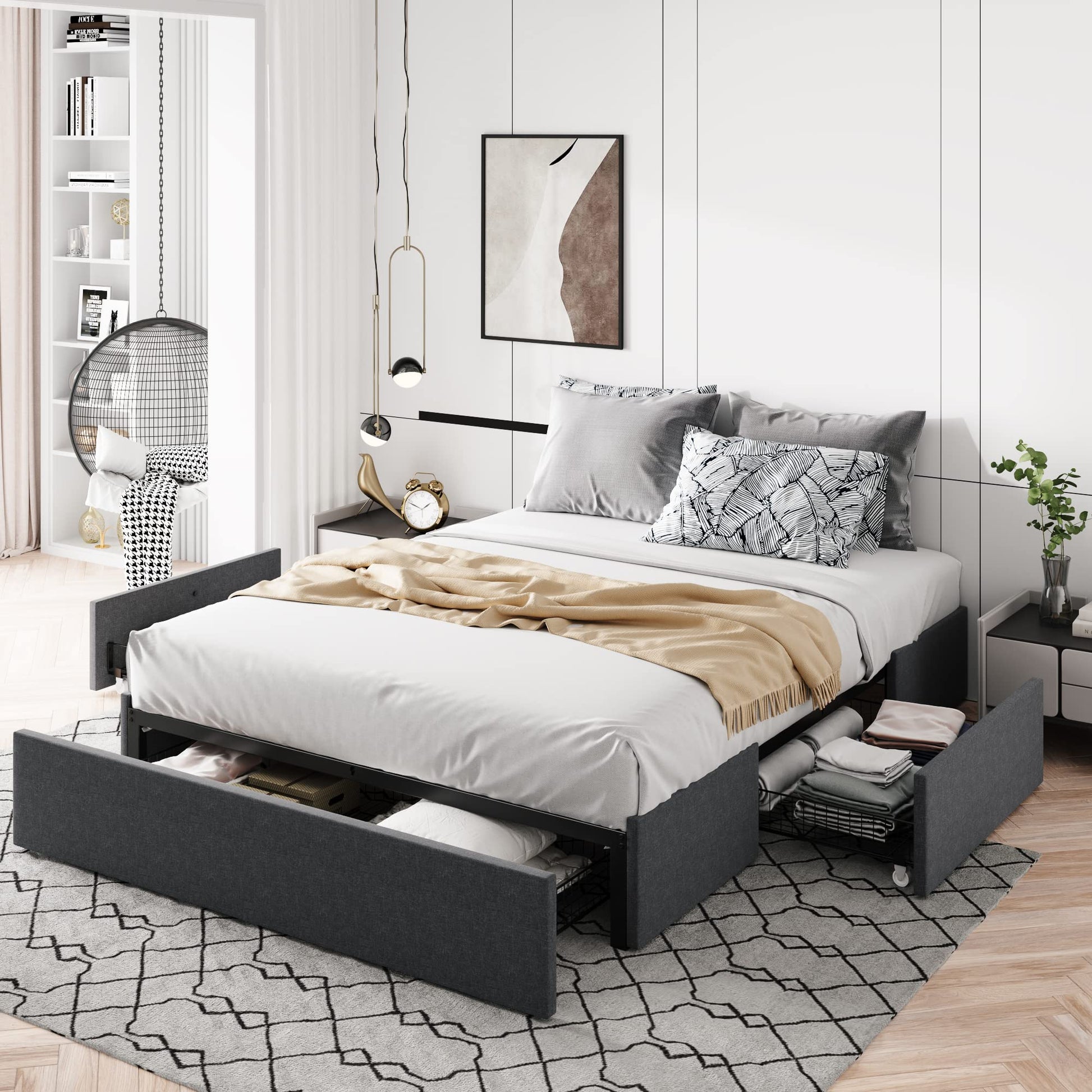 Allewie Queen Size Platform Bed Frame with 3 Storage Drawers, Faux Leather Upholstered, Wooden Slats Support, No Box Spring Needed, Easy Assembly, Black