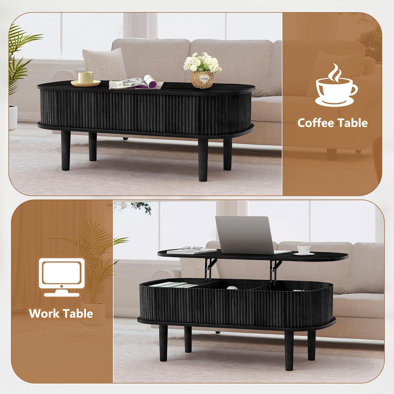 Fluted Lift Top Coffee Table with Hidden Compartment, Fully Assembled Wooden Center Table, Modern Oval Lift Tabletop for Home Living Room Office, Black