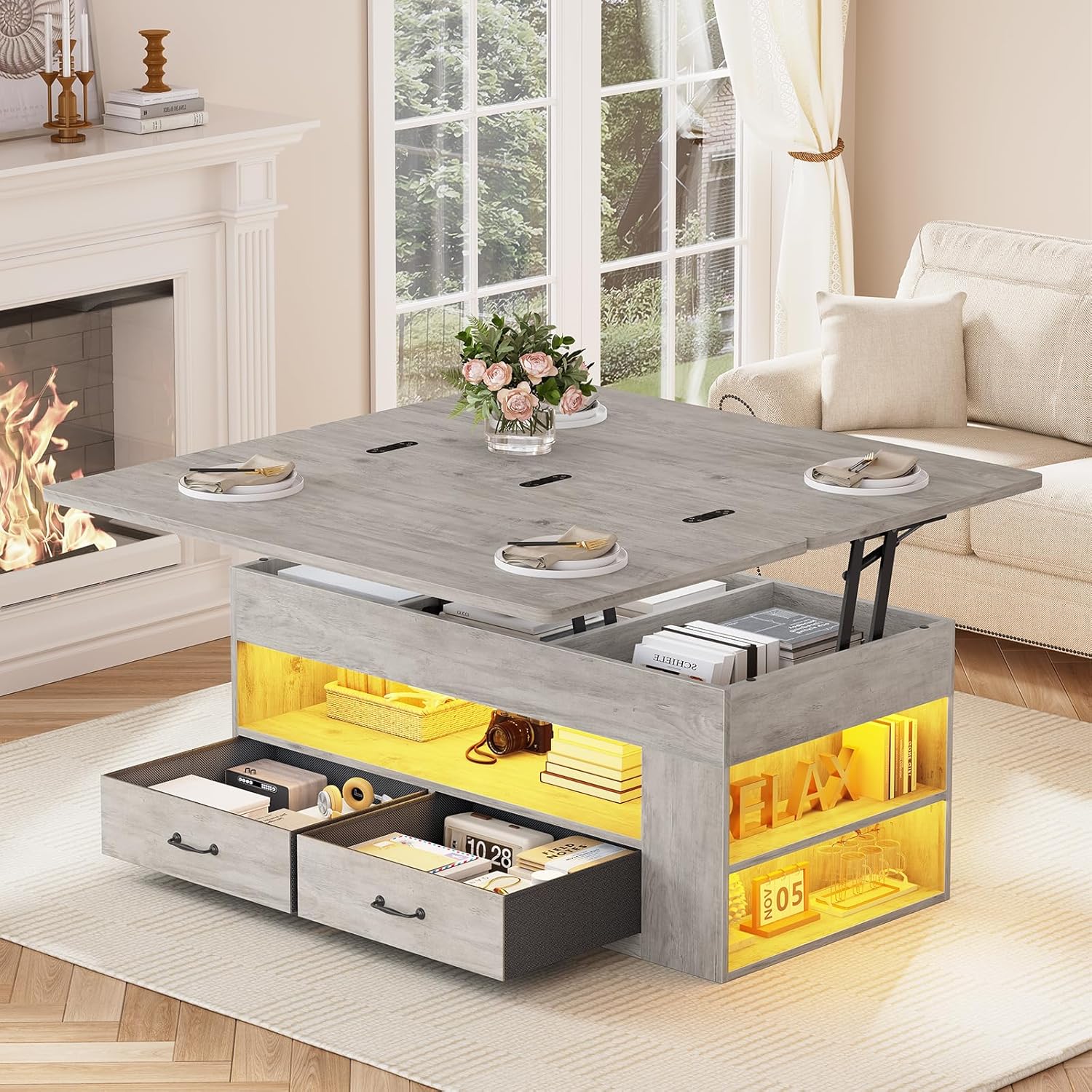 Itaar Lift Top Coffee Table, 4 in 1 Coffee Tables with Storage and Hidden Compartment, Farmhouse Coffee Table with 2 Fabric Drawers & LED Light for Living Room, Grey Oak