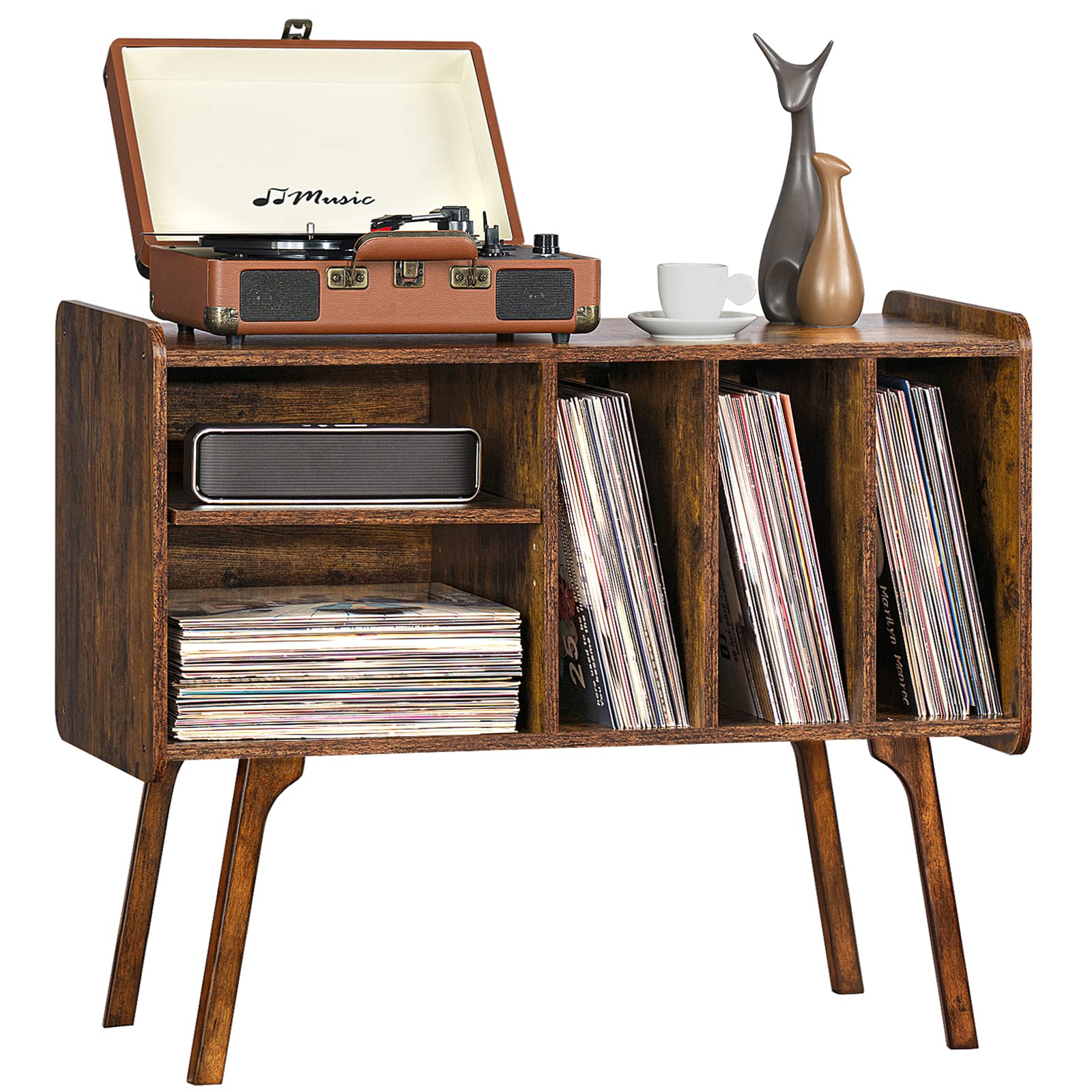 Lerliuo Record Player Stand with 4 Cabinet Holds Up to 220 Albums, Large Turntable Stand with Beech Wood Legs, Mid-Century Record Player Table,Brown Vinyl Holder Storage Shelf for Bedroom Living Room