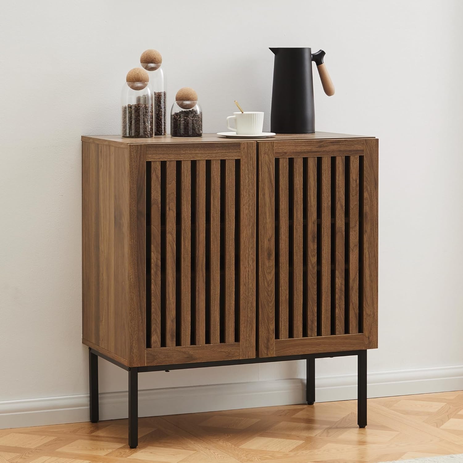Grille Buffet Cabinet with Storage, Sideboards 2 Doors with Metal Base and Adjustable Shelf for Kitchen, Coffee Bar, Dining Room, Entryway, Hallway,Living Room