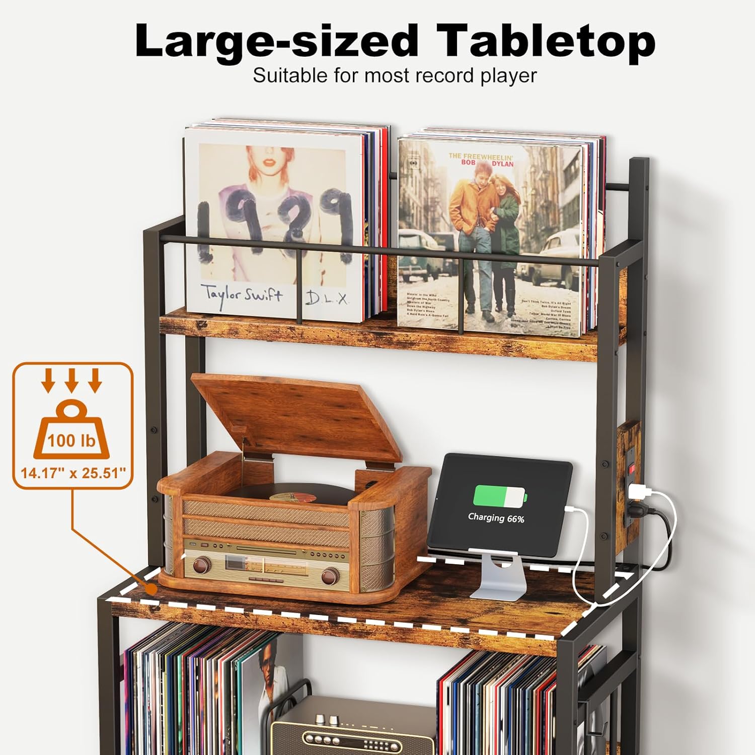 EasyCom Record Player Stand with Vinyl Storage, Turntable Stand Holds Up to 300 Albums, Large Record Player Table with Charge Station, Vinyl Record Stand for Living Room