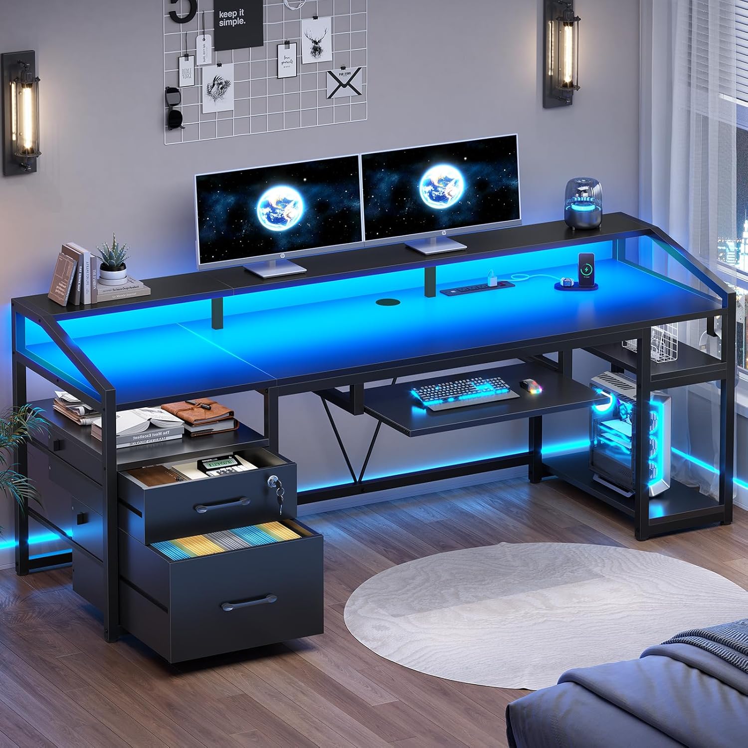 SEDETA 63" Computer Desk, Office Desk with Lockable Drawers for Legal/Letter File, Gaming Desk with LED Lights & Power Outlet, Home Office Desks with Storage, Black