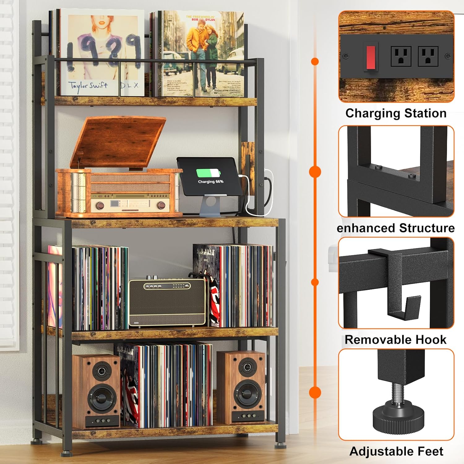 EasyCom Record Player Stand with Vinyl Storage, Turntable Stand Holds Up to 300 Albums, Large Record Player Table with Charge Station, Vinyl Record Stand for Living Room