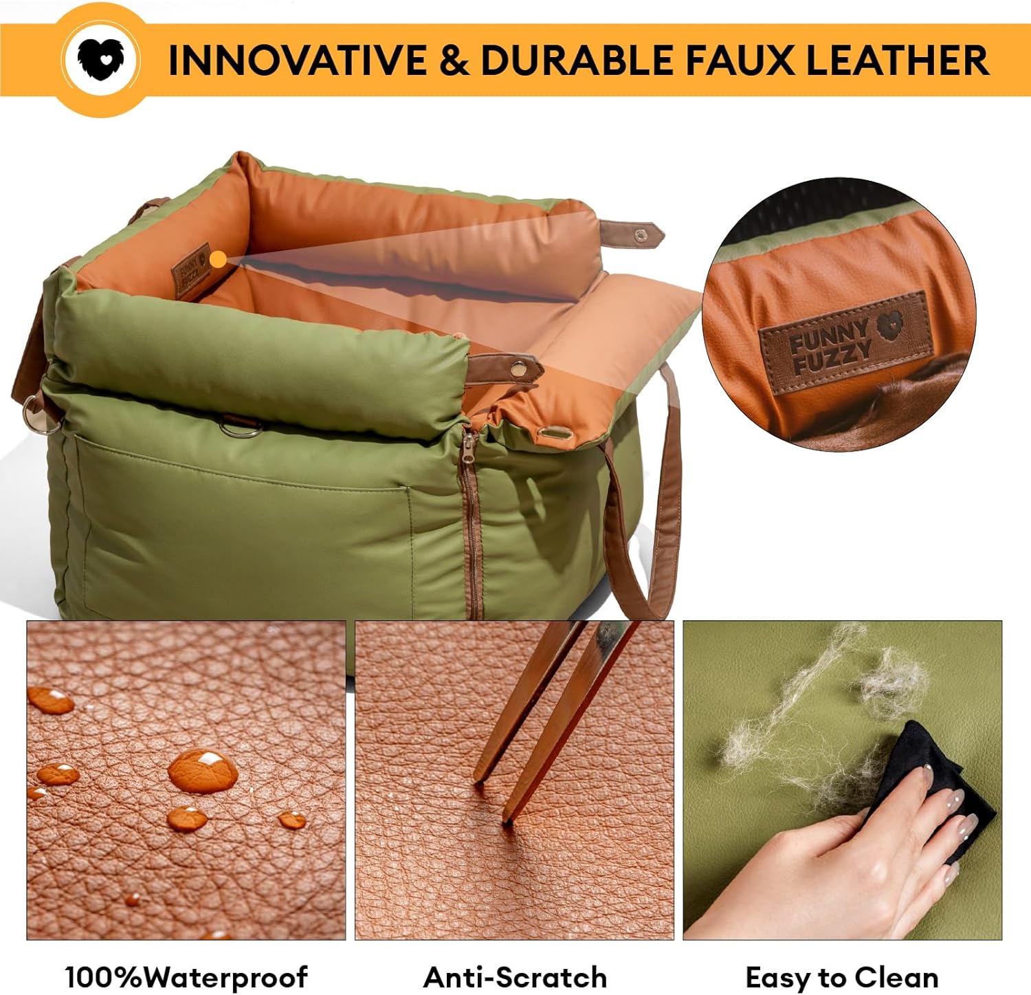 FUNNYFUZZY Leather Dog Car Seat for Small ＆ Medium Sized Dogs Up to 35lbs, Waterproof and Washable Dog Booster Seat Car Bed for Travel and Home,Portable and Safety(Green)