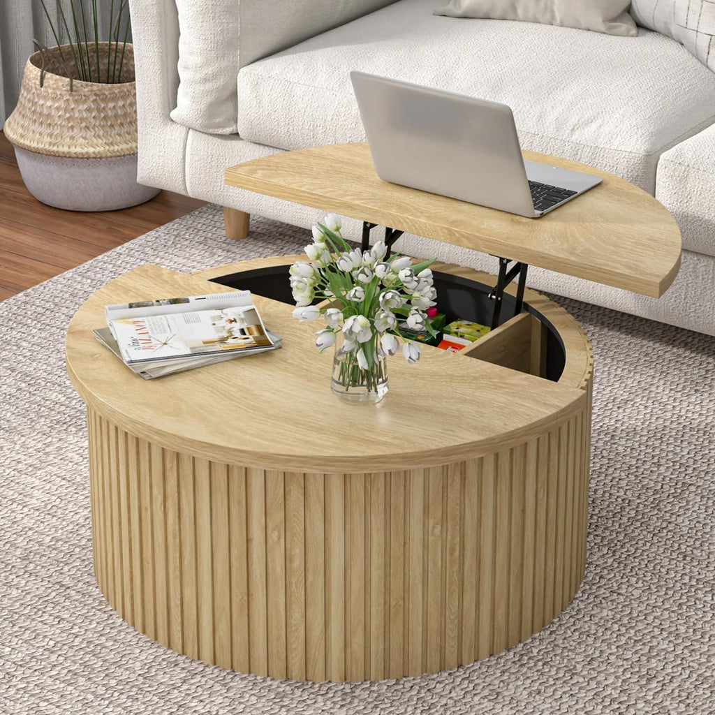 Round Fluted Lift Top Coffee Table with Storage, 34.6'' Farmhouse Round Coffee Tables for Living Room, Circle Wood Accent Center Table for Home, Office (Walnut)