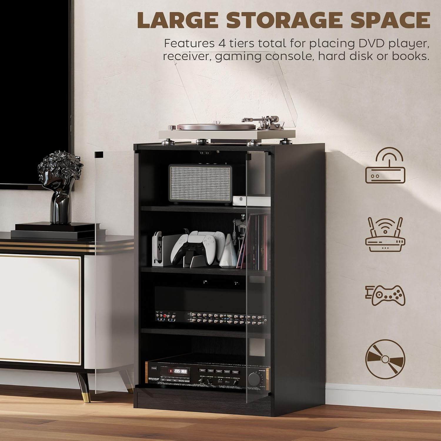 HOMCOM Media Cabinet, 4-Tier Stereo Cabinet, Record Player Stand with Vinyl Record Storage, Adjustable Shelves, Tempered Glass Doors and Cable Management, Distressed Black