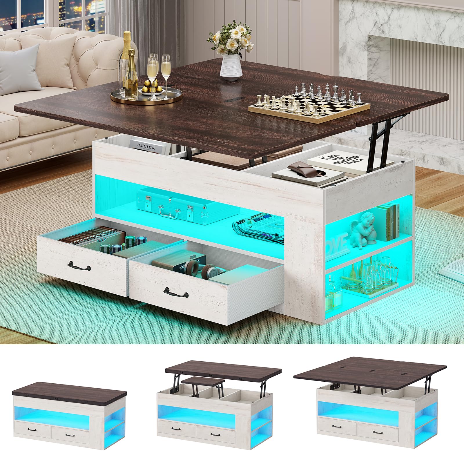Itaar Lift Top Coffee Table, 4 in 1 Coffee Tables with Storage and Hidden Compartment, Farmhouse Coffee Table with 2 Fabric Drawers & LED Light for Living Room, Grey Oak