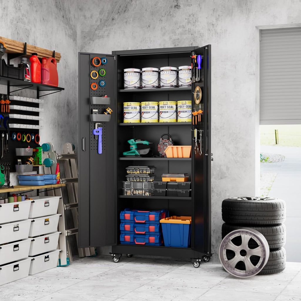 Aobabo 73''H Metal Garage Storage Cabinet with Wheels,Steel Cabinets with 2 Doors and 4 Adjustable Shelves for Home Office,Required Assembly,Black