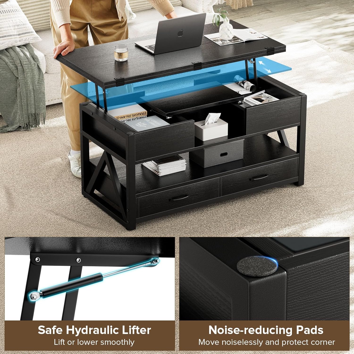 40" Lift Top Coffee Table,4 in 1 Multi-Function Lift Coffee Tables with Storage Drawers and Hidden Compartmen,Farmhouse Coffee Table with Lifting top for Living Room,Black