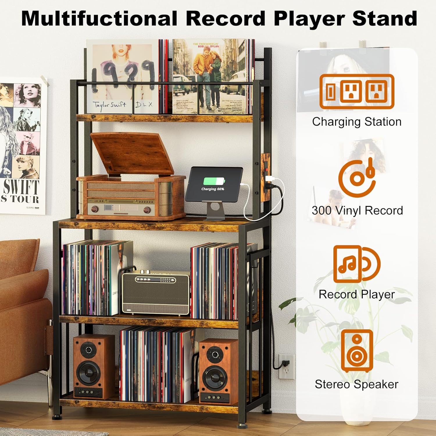 EasyCom Record Player Stand with Vinyl Storage, Turntable Stand Holds Up to 300 Albums, Large Record Player Table with Charge Station, Vinyl Record Stand for Living Room