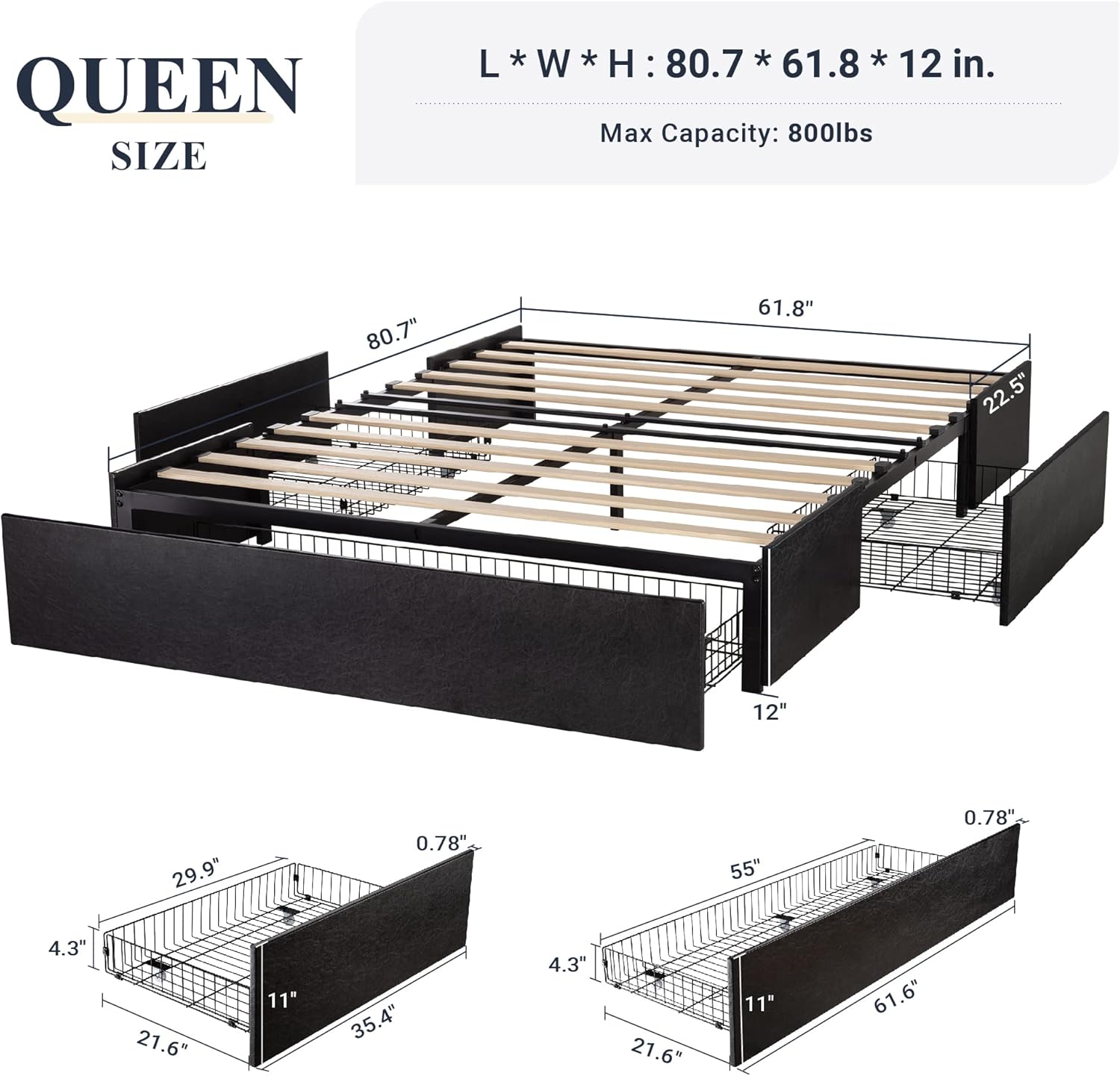 Allewie Queen Size Platform Bed Frame with 3 Storage Drawers, Faux Leather Upholstered, Wooden Slats Support, No Box Spring Needed, Easy Assembly, Black