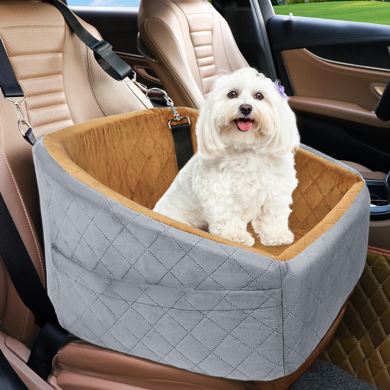 Dog Car Seat for Small Dogs,Detachable Washable Dog Booster Seat Under 30lbs, Pet Car Seat Travel Bed with Storage Pockets and Dog Safety Belt (Black/Grey)