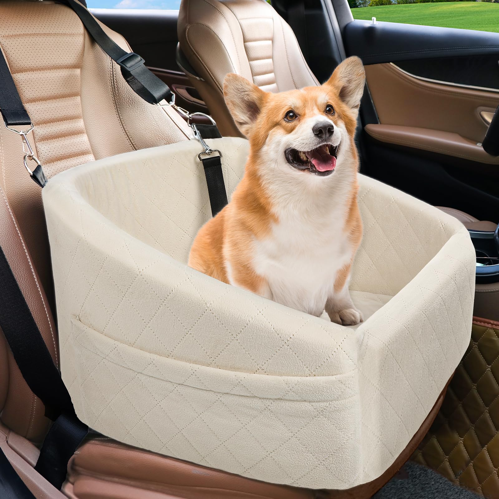 Dog Car Seat for Small Dogs,Detachable Washable Dog Booster Seat Under 30lbs, Pet Car Seat Travel Bed with Storage Pockets and Dog Safety Belt (Black/Grey)