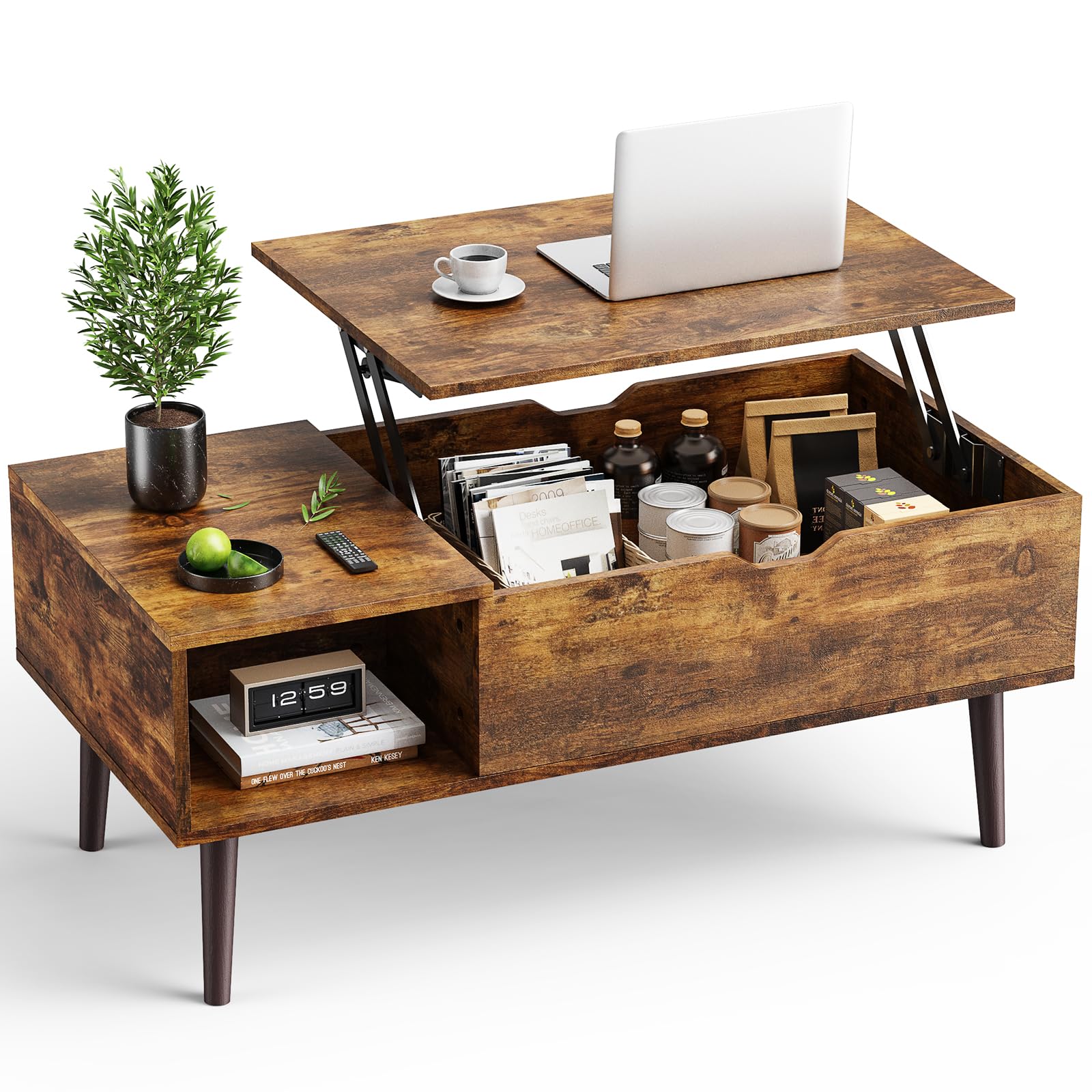 OLIXIS Wood Lift Top Coffee Table with Hidden Compartment and Large Storage Shelf, Lift Tabletop Dining Center Table for Home Living Room Office, Natural Wood