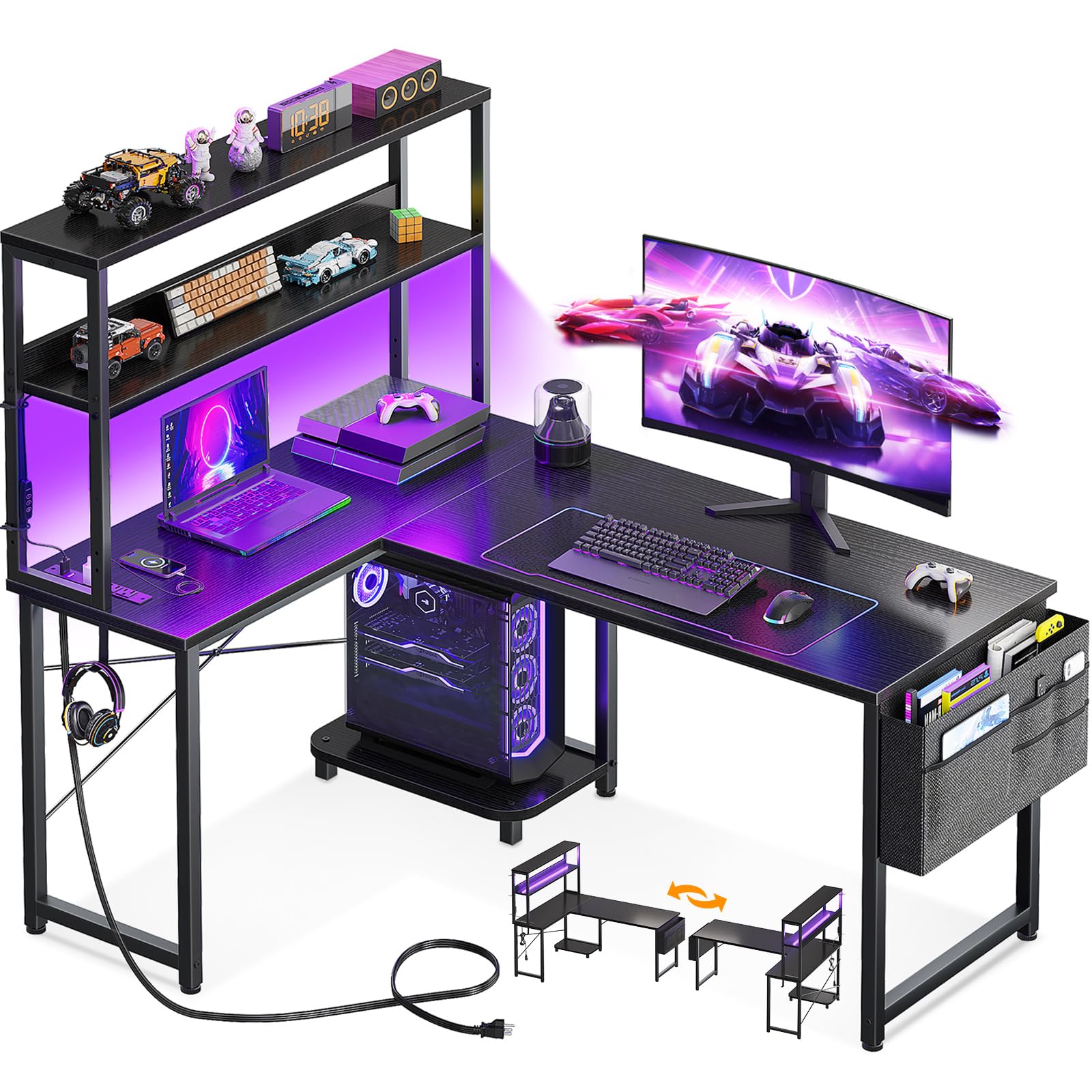 AODK L Shaped Desk Gaming Desk with LED Light & Power Outlet, 53 Inch Reversible L Shaped Computer Table with Shelf & Storage Bag & Hook for Home Office, Black
