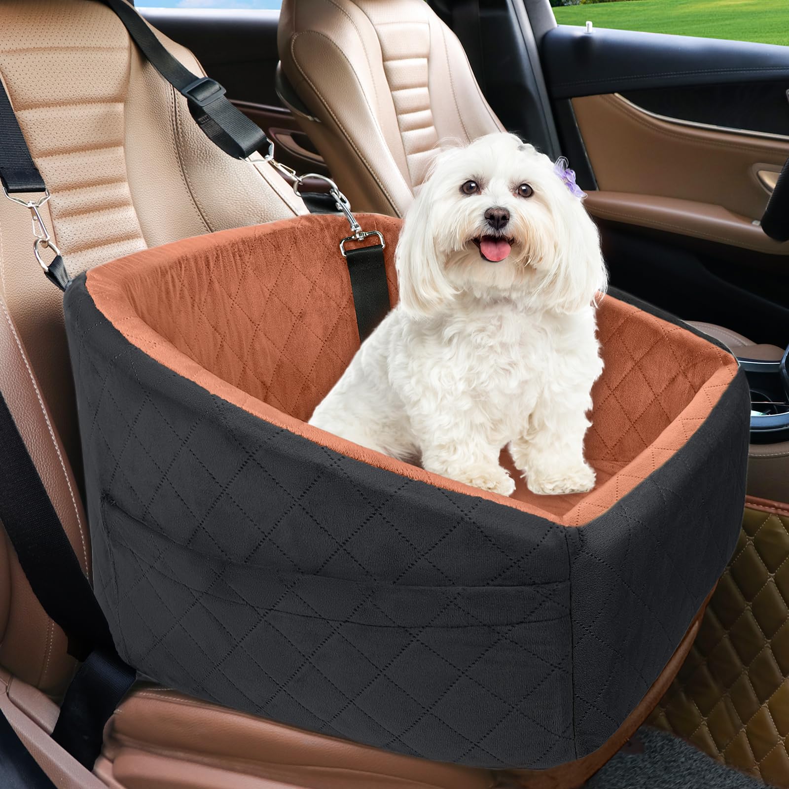 Dog Car Seat for Small Dogs,Detachable Washable Dog Booster Seat Under 30lbs, Pet Car Seat Travel Bed with Storage Pockets and Dog Safety Belt (Black/Grey)