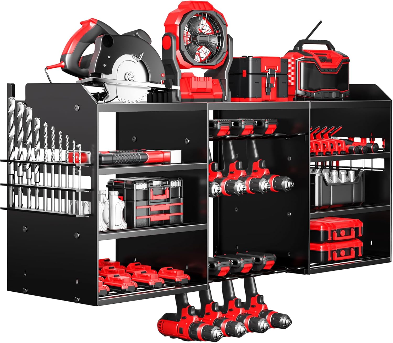 Upgrade Large Power Tool Organizer Wall Mount, Cordless Tool Storage Rack with 8 Drill Holder, 4 Layer Heavy Duty Metal Loads 400lbs Battery Utility Shelve for Garage and Workbench
