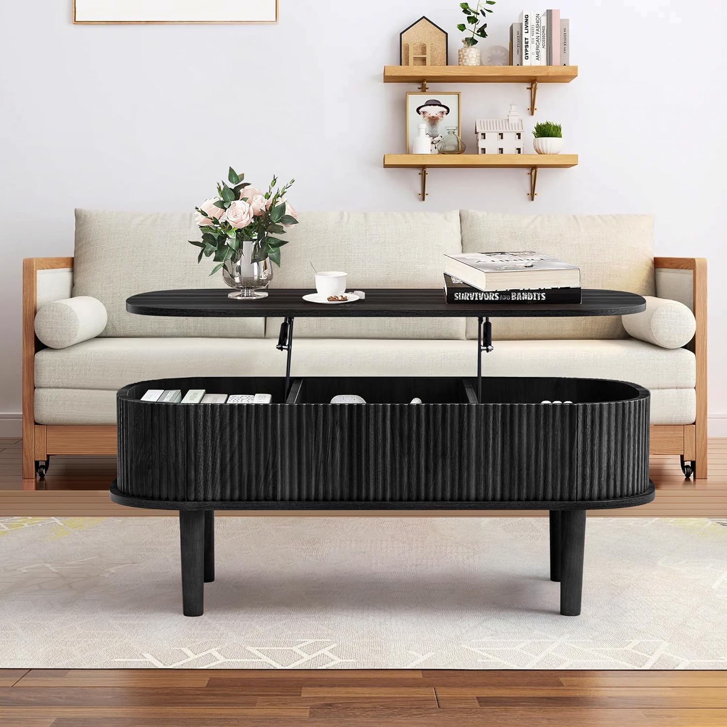 Fluted Lift Top Coffee Table with Hidden Compartment, Fully Assembled Wooden Center Table, Modern Oval Lift Tabletop for Home Living Room Office, Black