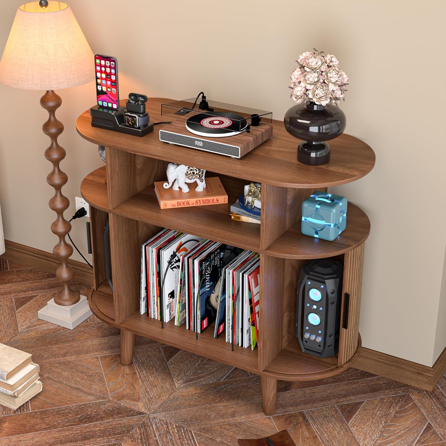 Large Round Record Player Stand with Charging Station & USB Ports，Record Storage Cabinet, Mid Century Modern Turntable Stand for Bedroom Living Room (Small Brown)