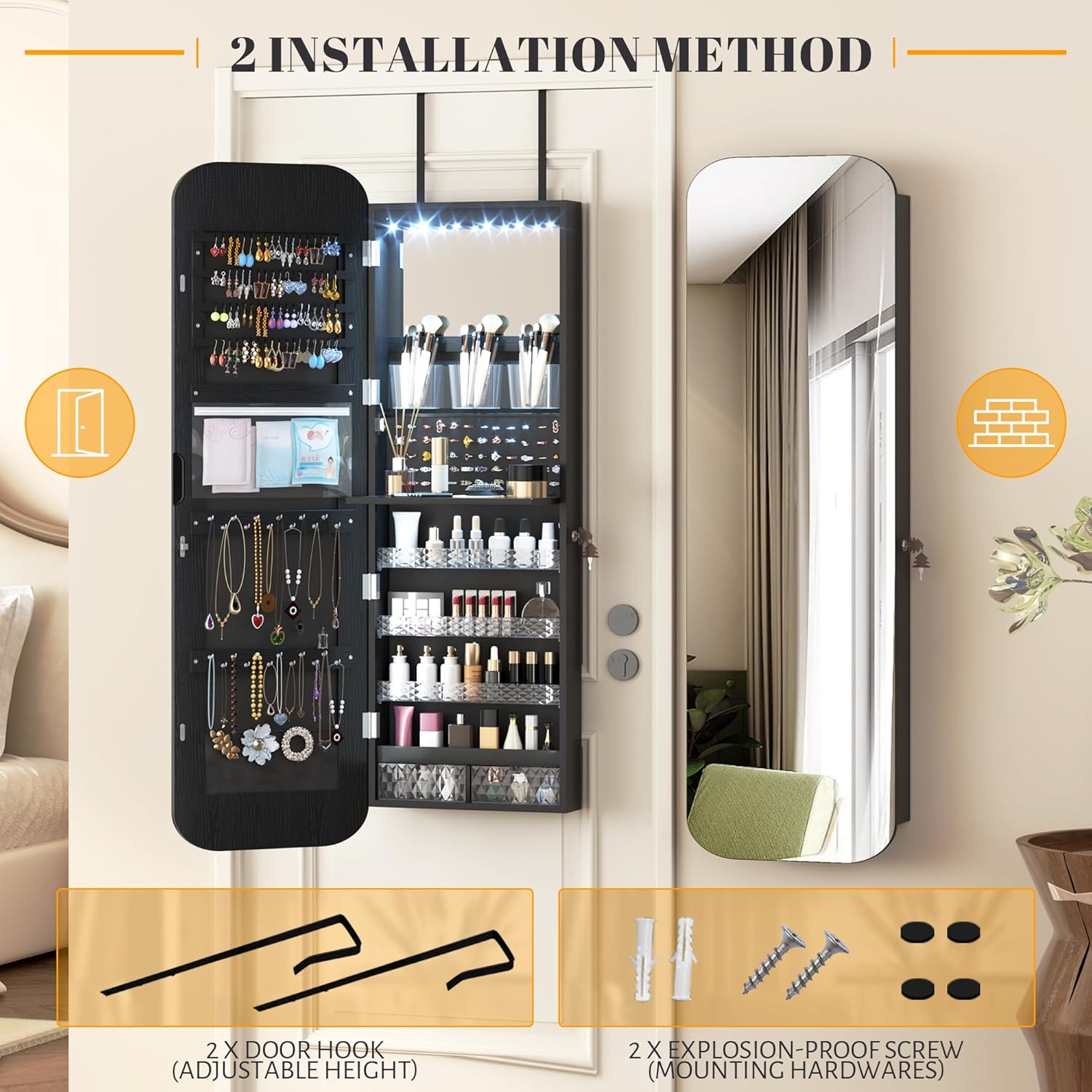 Vlsrka 47.2" LED Mirror Jewelry Cabinet, Wall/Door Mounted Full Length Mirror with Storage, Lockable Jewelry Armoire with Mirror, Rounded Corner Hanging Mirror Jewelry Organizer, Black
