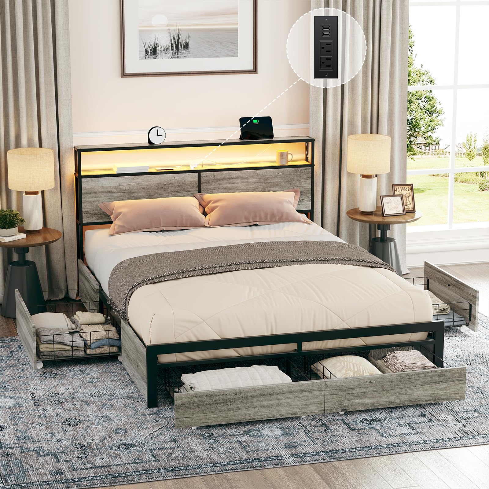 Full Bed Frame with Storage Headboard and 4 Drawers Bed Frame Full Size with Charging Station LED Lights Metal Platform Non-Slip Without Noise No Box Spring Needed