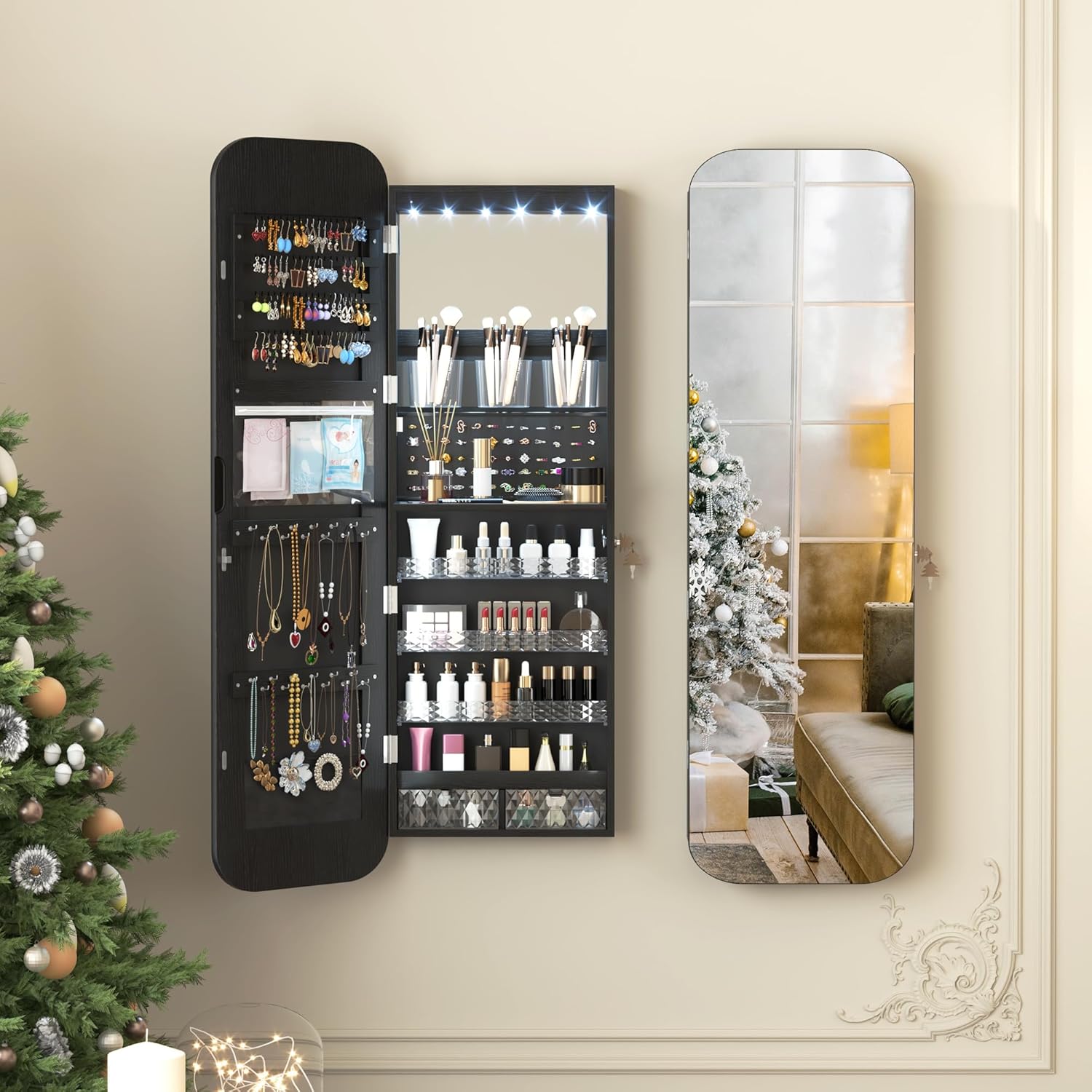 Vlsrka 47.2" LED Mirror Jewelry Cabinet, Wall/Door Mounted Full Length Mirror with Storage, Lockable Jewelry Armoire with Mirror, Rounded Corner Hanging Mirror Jewelry Organizer, Black