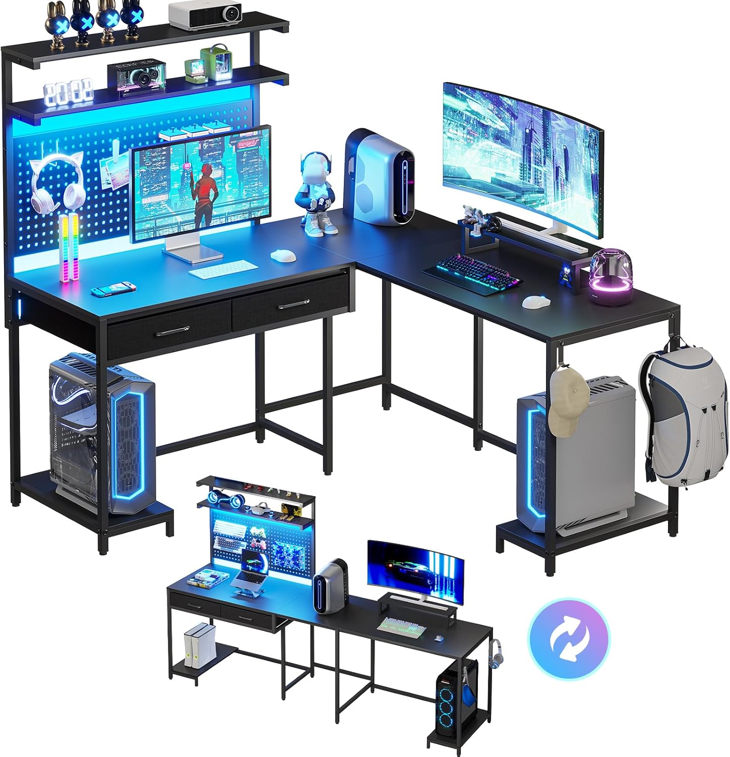SEDETA L Shaped Gaming Desk with LED Lights, Pegboard and Drawers, Gaming Desk with Hutch, Computer Desk with Monitor Stand, Storage Shelves, Home Office Desk Corner Desk, Gaming Table, Black