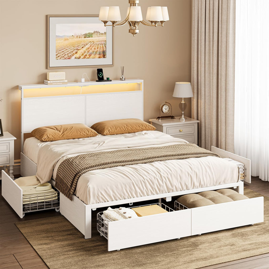 Full Bed Frame with Storage Headboard and 4 Drawers Bed Frame Full Size with Charging Station LED Lights Metal Platform Non-Slip Without Noise No Box Spring Needed