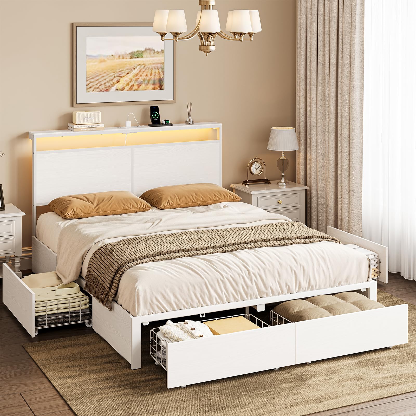 Full Bed Frame with Storage Headboard and 4 Drawers Bed Frame Full Size with Charging Station LED Lights Metal Platform Non-Slip Without Noise No Box Spring Needed