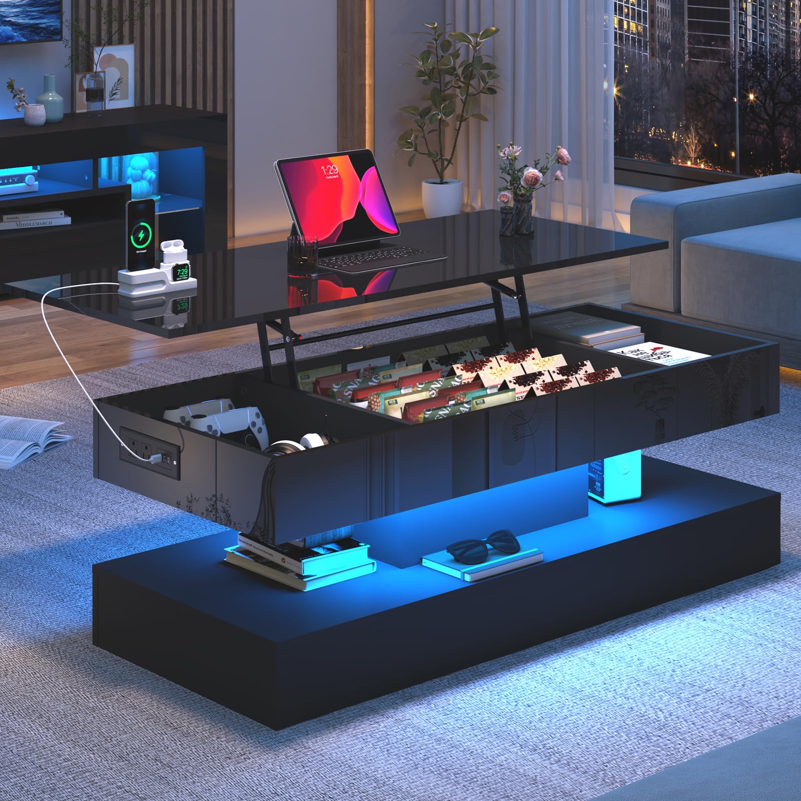 47.2" Large Lift Top Coffee Table,Modern High Glossy LED Coffee Tables for Living Room with Storage Drawer,White Living Room Tables for Livingroom,Dining Room,Bedroom Home Office(White)