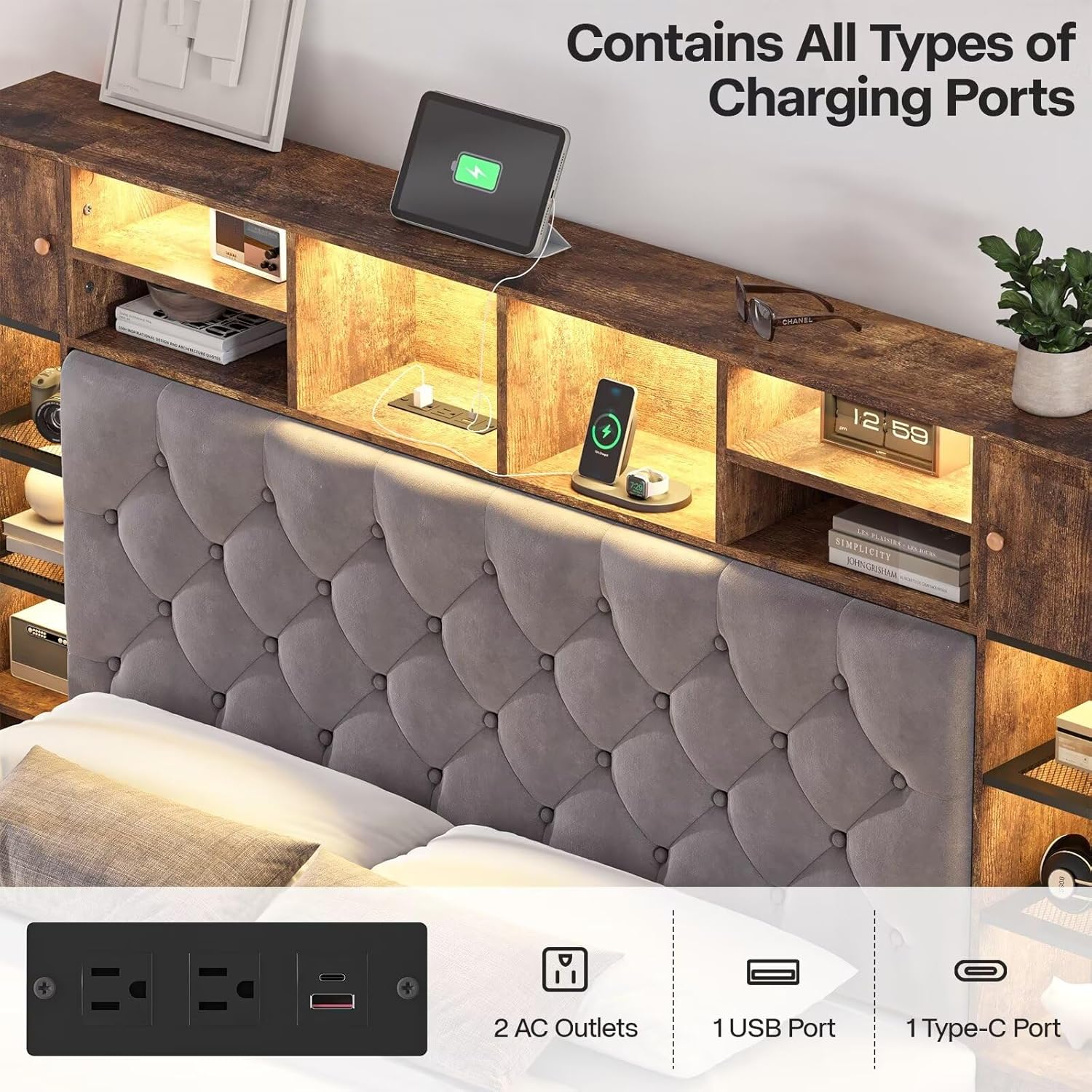 Queen Size Bed Frame with Storage Drawers and Bookcase Headboard, Rustic Brown Platform Bed Frame with Charging Station & LED Lights, Velvet Upholstered Tufted Bed Frame, No Box Spring Needed