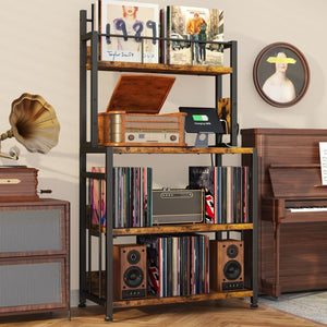 EasyCom Record Player Stand with Vinyl Storage, Turntable Stand Holds Up to 300 Albums, Large Record Player Table with Charge Station, Vinyl Record Stand for Living Room