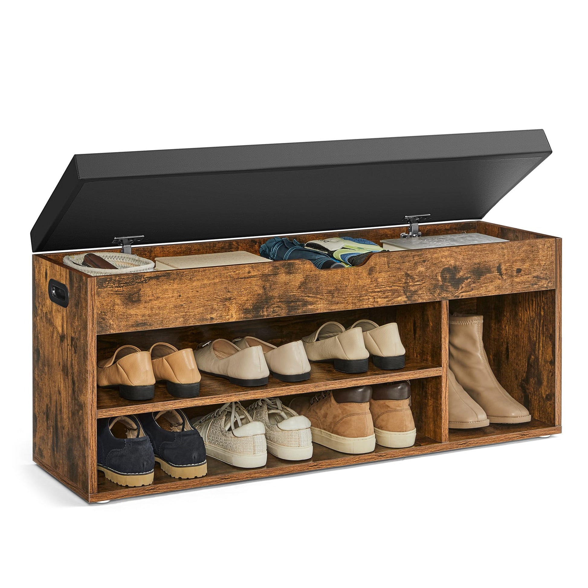 VASAGLE CUSTOS Collection - Storage Bench with Cushion, Shoe Bench, Padded Seat, Hidden Storage, Entryway, Hold up to 300 lb, 11.8 x 31.5 x 17.3 Inches, Rustic Brown and Ink Black ULHS30BX