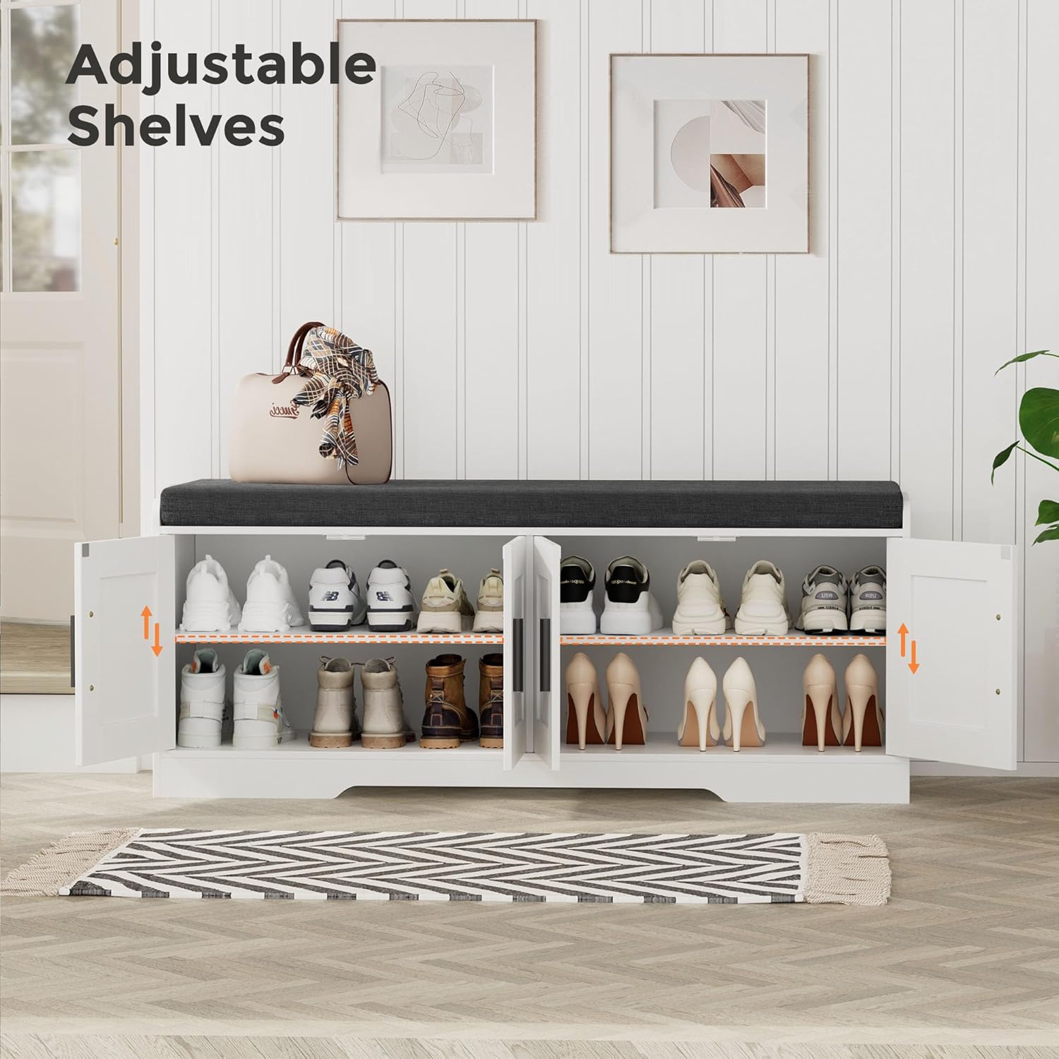 2-Tier Storage Bench, Shoe Bench with Thickened Padded Seat Cushion, Entryway Bench with 4 Doors, Adjustable Shelf, 13.8" D x 45.3" W x 18.5" H, for Entryway, Living Room, Bedroom, White