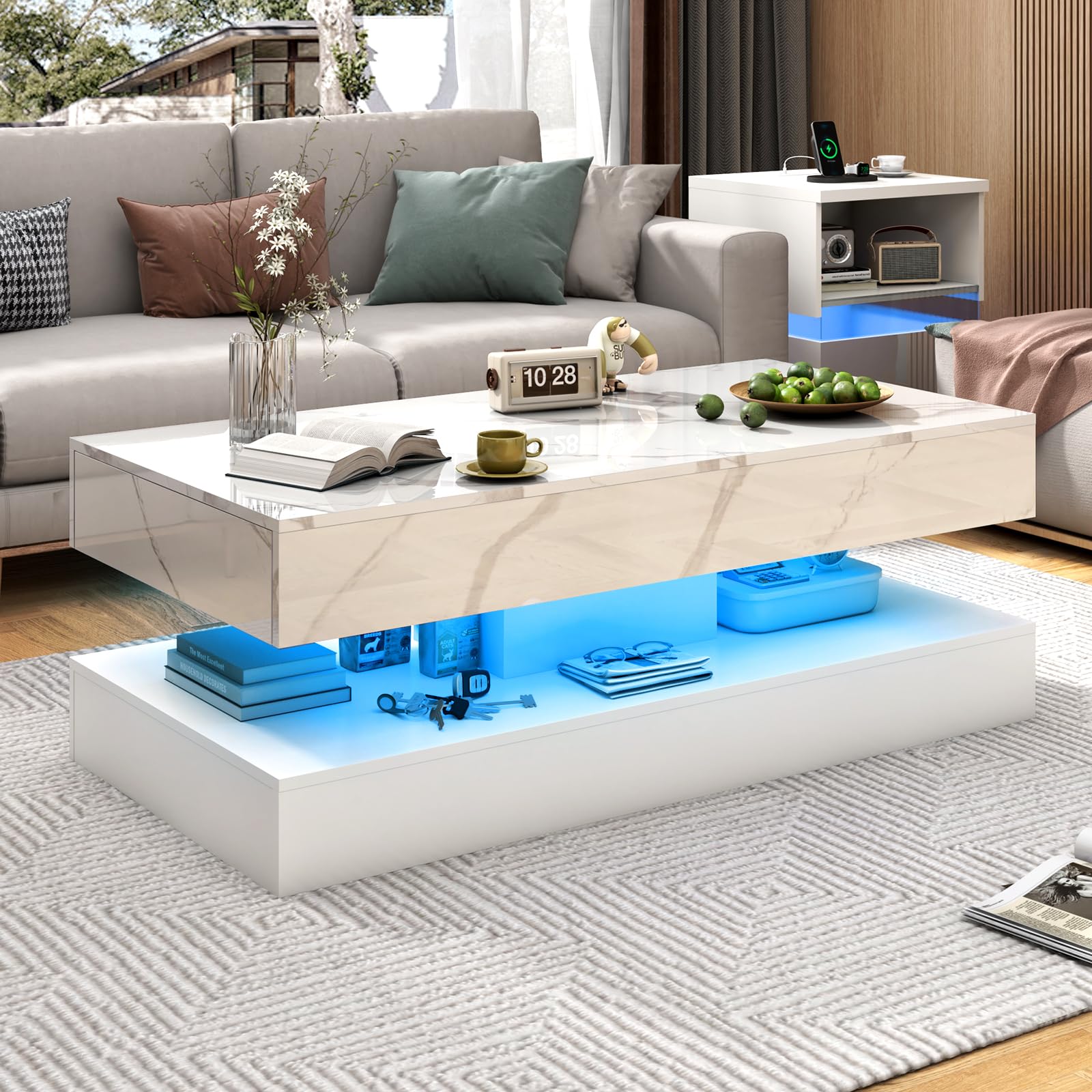 47inch Large High-Glossy LED Coffee Table with 2 Sliding Drawers, Living Room Storage Tables with Marbling Print, Modern Stylish Double-Layer Center Tables w/LED Lights, Black