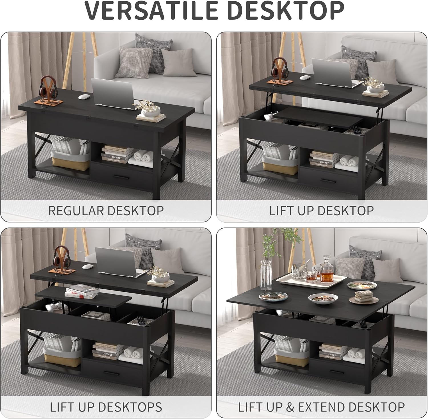 Lift Top Coffee Table with Storage, Convertible Coffee Table Converts to Dining Table, Farmhouse Coffee Tables with Lifting Top, Center Table for Living Room with Drawer and Hidden Compartment, Black