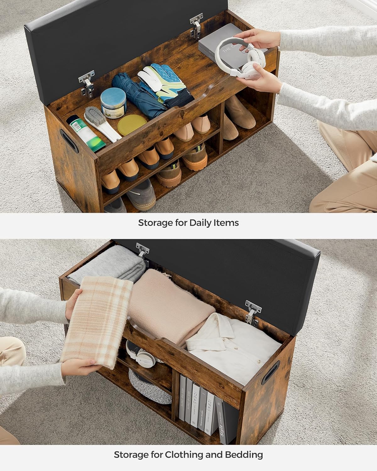 VASAGLE CUSTOS Collection - Storage Bench with Cushion, Shoe Bench, Padded Seat, Hidden Storage, Entryway, Hold up to 300 lb, 11.8 x 31.5 x 17.3 Inches, Rustic Brown and Ink Black ULHS30BX