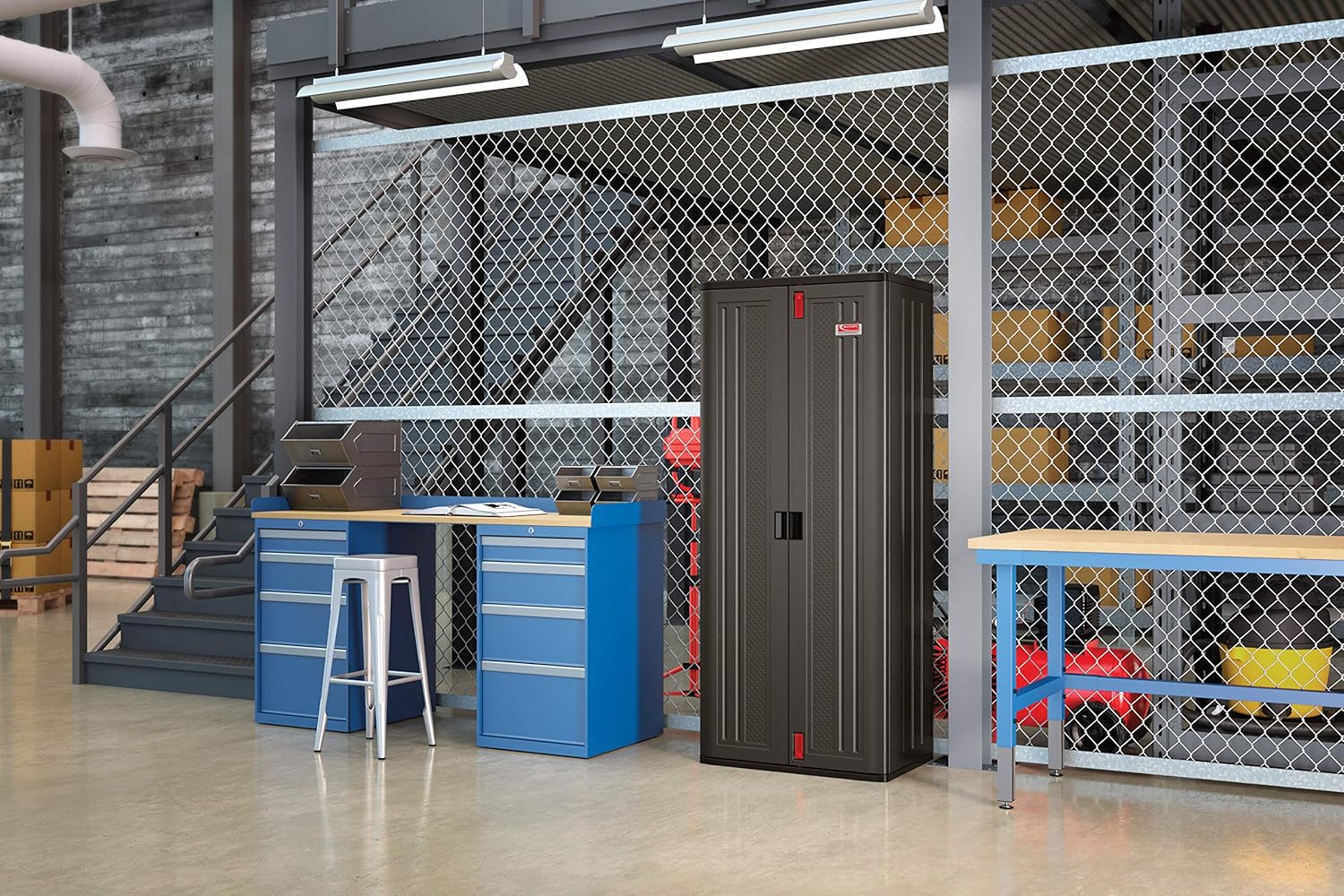 Suncast 19 Cubic Ft. Heavy-Duty Resin Cabinet with Lockable Handles, Multi-Wall Construction, and Metal-Reinforced Shelves for Basement, Utility Room and Garage Storage, Black, Made in the USA