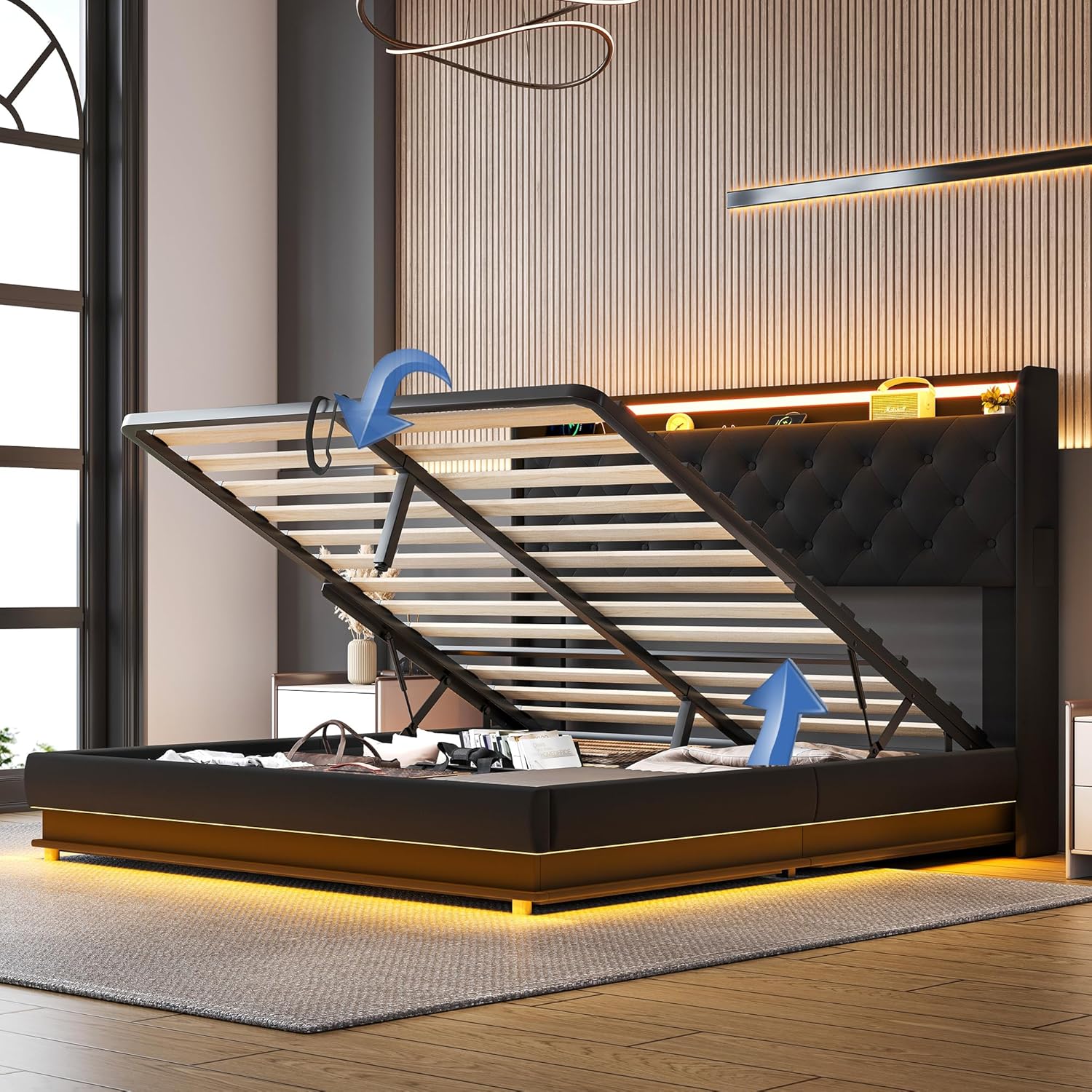 Lift Up Storage Bed Frame Queen Size with Charging Station & Led Lights, Black Upholstered Platform Bed with Wingback Storage Headboard with Pocket, Hydraulic Lift System,No Box Spring Needed