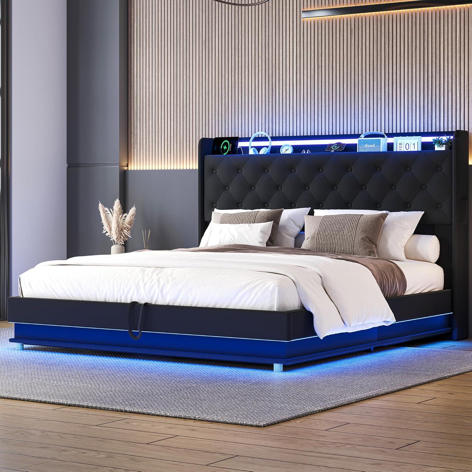 Lift Up Storage Bed Frame Queen Size with Charging Station & Led Lights, Black Upholstered Platform Bed with Wingback Storage Headboard with Pocket, Hydraulic Lift System,No Box Spring Needed